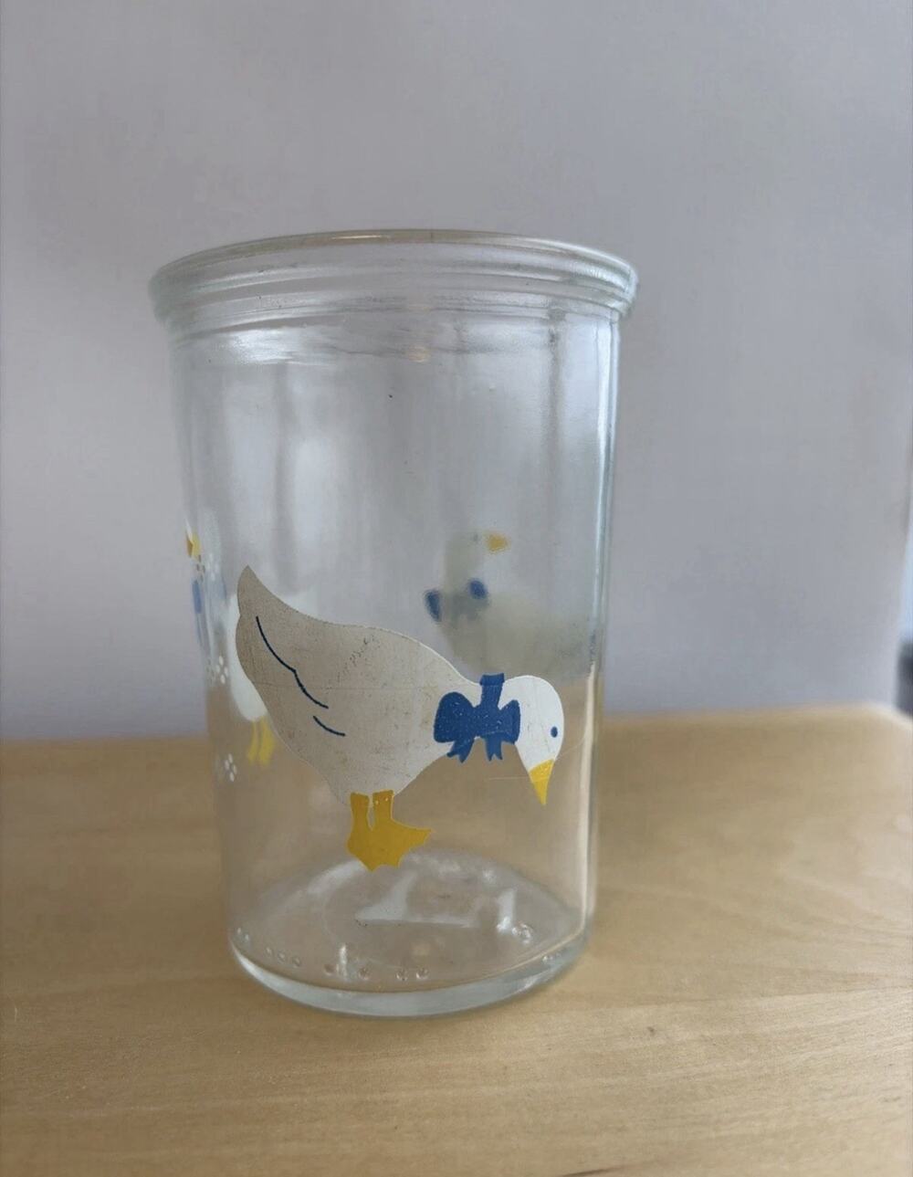 Vtg Glass Jelly Jar Water/Juice Glass Country White Goose Blue Bow Collectable